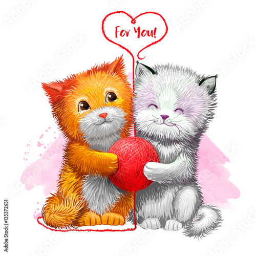 Digital illustration of two cute kittens holding red ball of yarn. Beautiful design with paint splashes. For you title. Happy Valentines Day greeting card design template for web and print. Add text © dneprstock