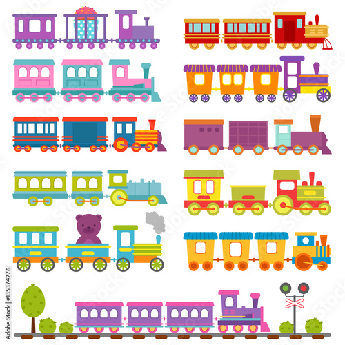 Toy train different cartoon vector illustration.