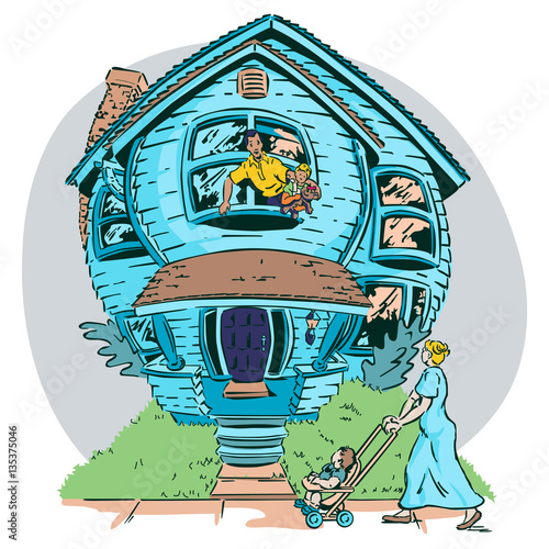 Expanded Living Needs. The house is physically bloated from being over stuffed. A worried man looks on from an upstairs window as his wife approaches with a baby carriage.
