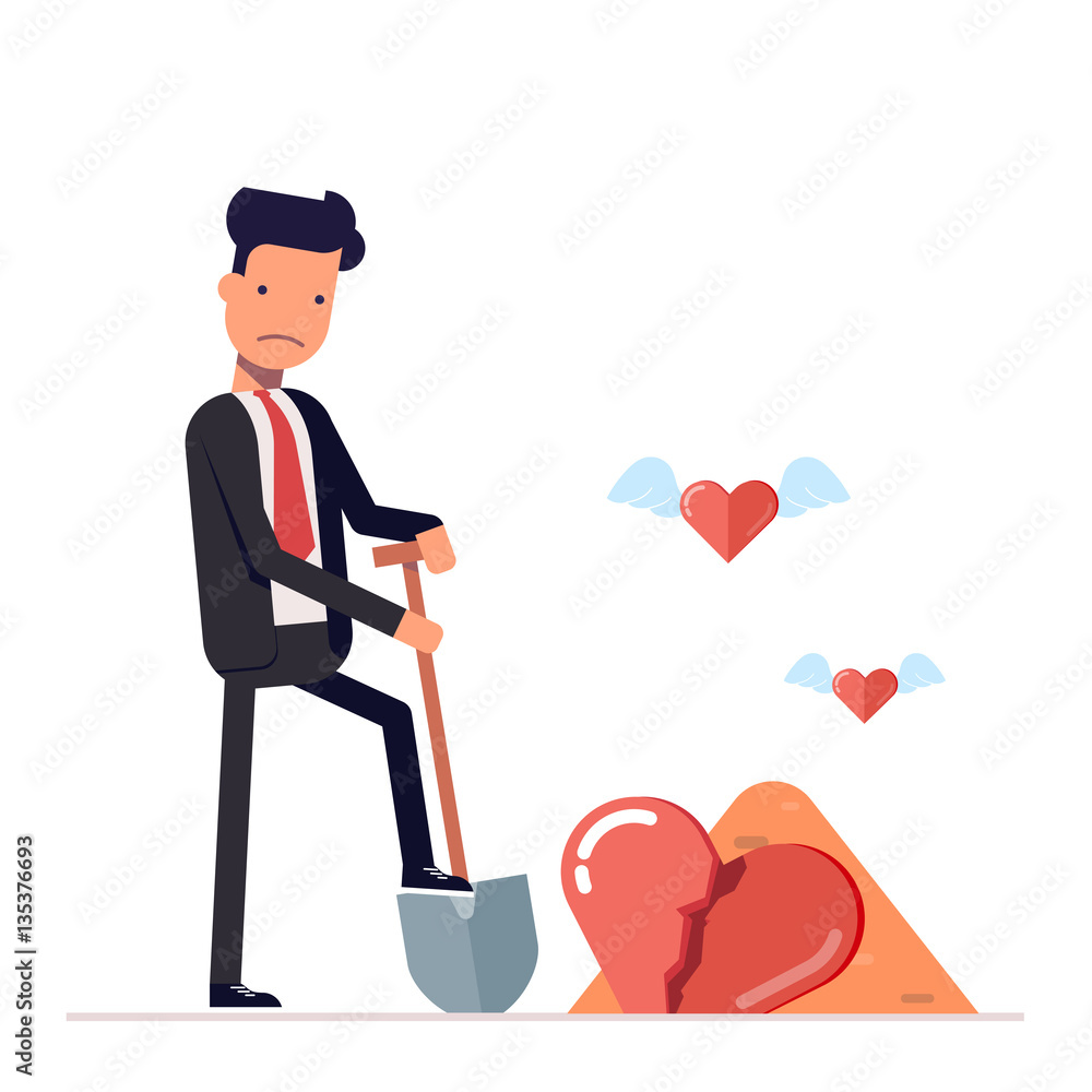 Sad man digs a broken heart. businessman or manager with shovel at the funeral. Love is gone. Cartoon character in flat style isolated on pink background. Vector, illustration EPS10. Sad man digs a broken heart. businessman or manager with shovel at the funeral. Love is gone. Cartoon character in flat style isolated on pink background. Vector, illustration EPS10.