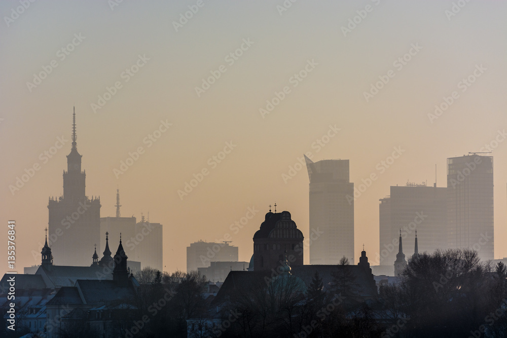 panorama over Warsaw center with heavy smog