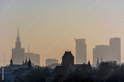 panorama over Warsaw center with heavy smog