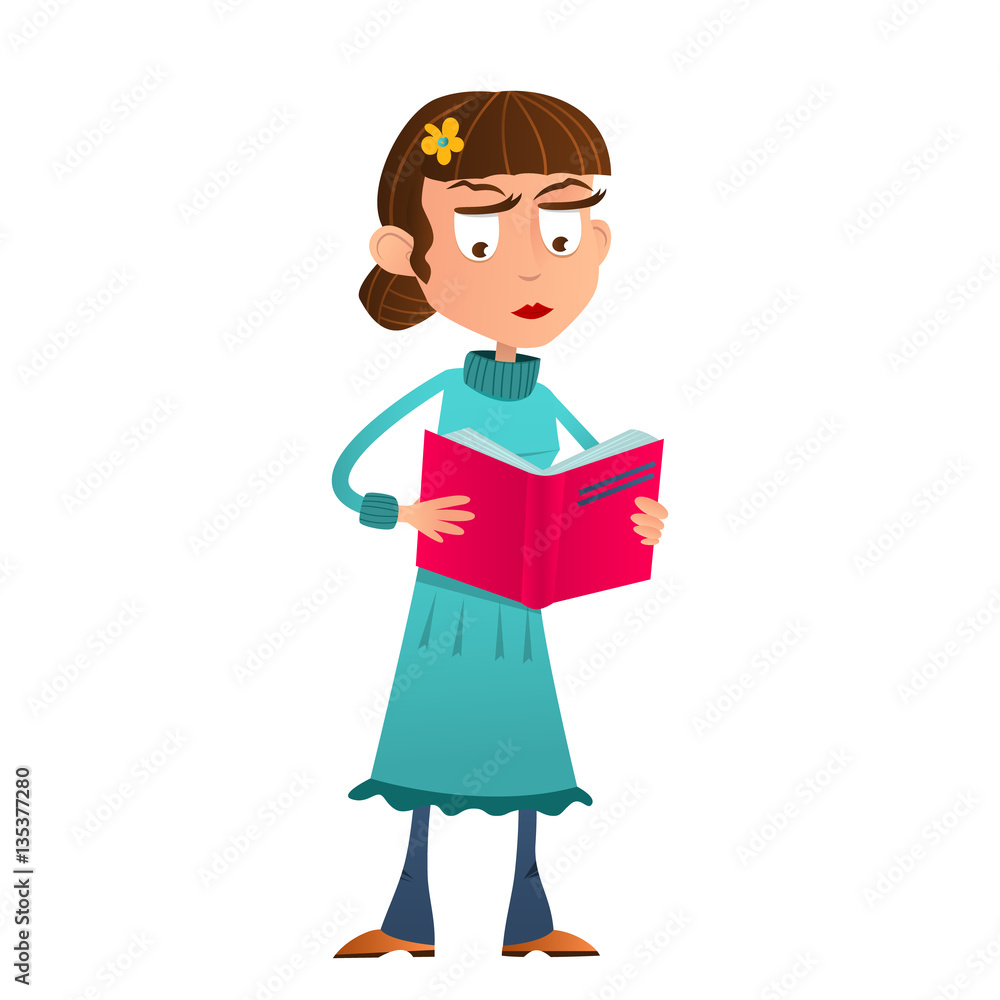 Serious young girl standing reading book. Cartoon style