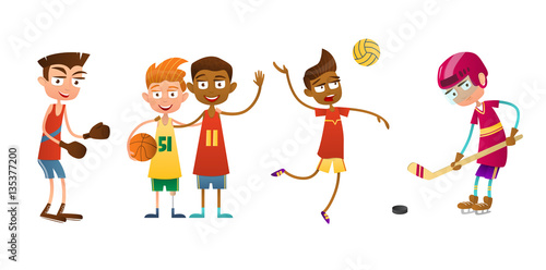 Flat set of kids doing different types of sports. The boy volleyball player, boxer and hockey player. Two other boys basketball.
