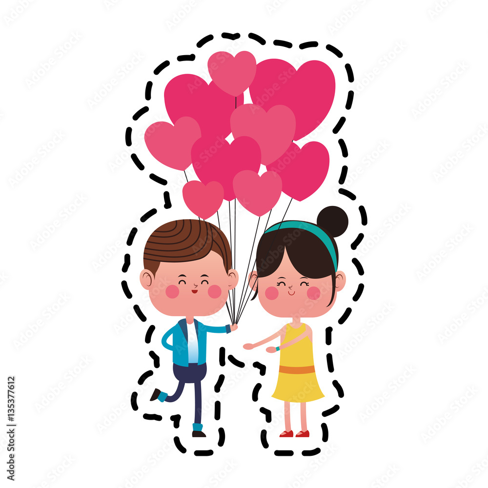 kawaii couple in love holding a heart ballons over white background. colorful design. vector illustration kawaii couple in love holding a heart ballons over white background. colorful design. vector illustration