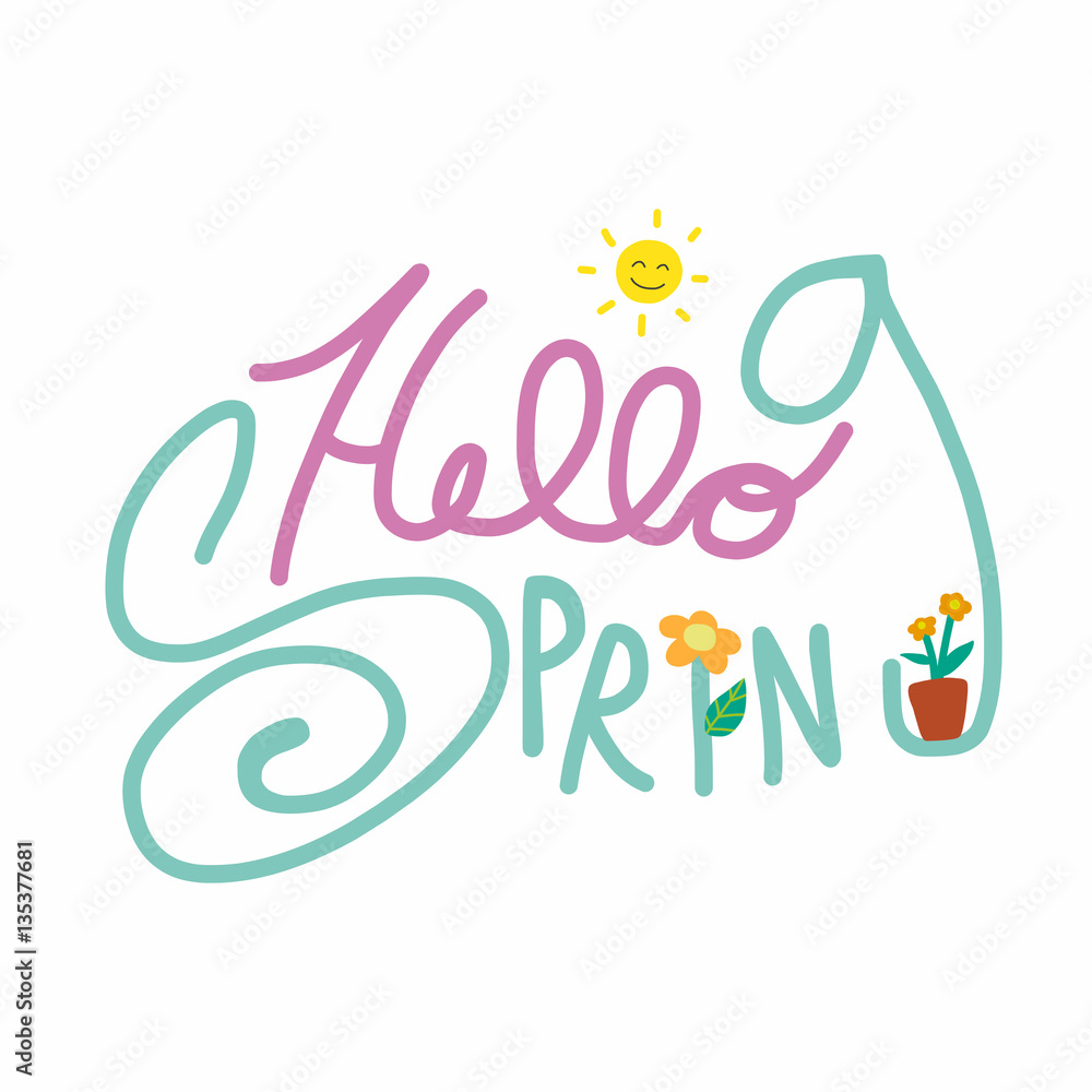 Hello spring word lettering and cute flower pot cartoon vector illustration on white background Hello spring word lettering and cute flower pot cartoon vector illustration on white background