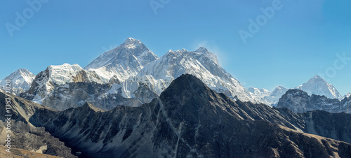 High resolution panorama of the three highest peaks of the World -  Everest (8848 m), Lhotse (8516 m), and Makalu (8481 m) from the Renjo Pass - Gokyo region, Nepal, Himalayas photo