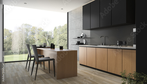 3d rendering modern black kitchen with wood built in  photo