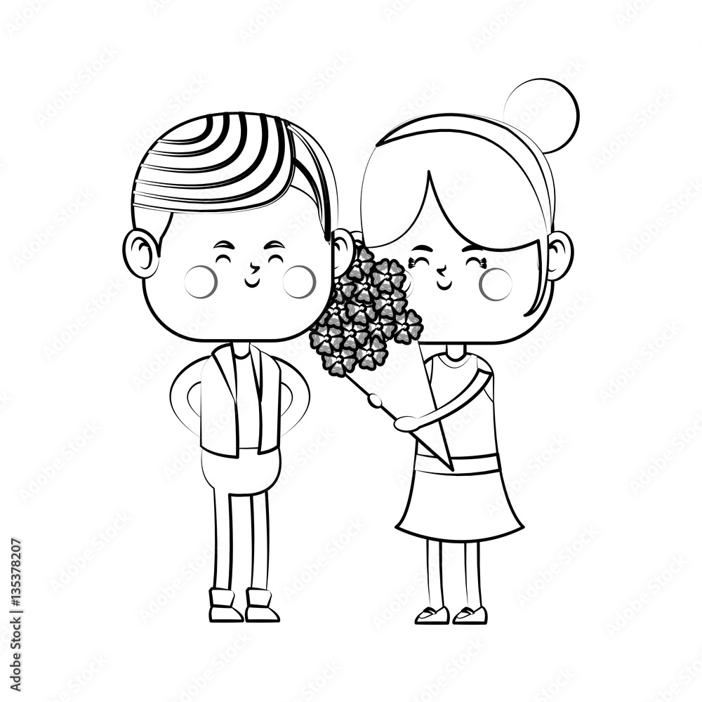 kawaii couple in love with flowers bouquet over white background. vector illustration kawaii couple in love with flowers bouquet over white background. vector illustration
