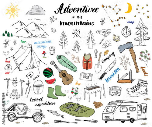 Camping, Hiking Hand Drawn sketch doodle set vector illustration with mountains, tent, raft, grill and campfire, axe and knife, pine trees tourist food, trekking shoes and rubber boots. isolated