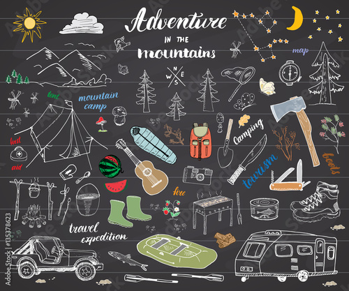 Camping, Hiking Hand Drawn sketch doodle set vector illustration with mountains, tent, raft, grill and campfire, axe and knife, pine trees tourist food, trekking shoes and rubber boots. on chalkboard.