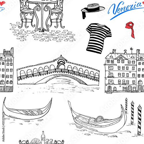 Venice Italy seamless pattern. Hand drawn sketch with gondolas, gondolier clothes, houses, market bridge and cafe table with chairs. Doodle drawing isolated on white.