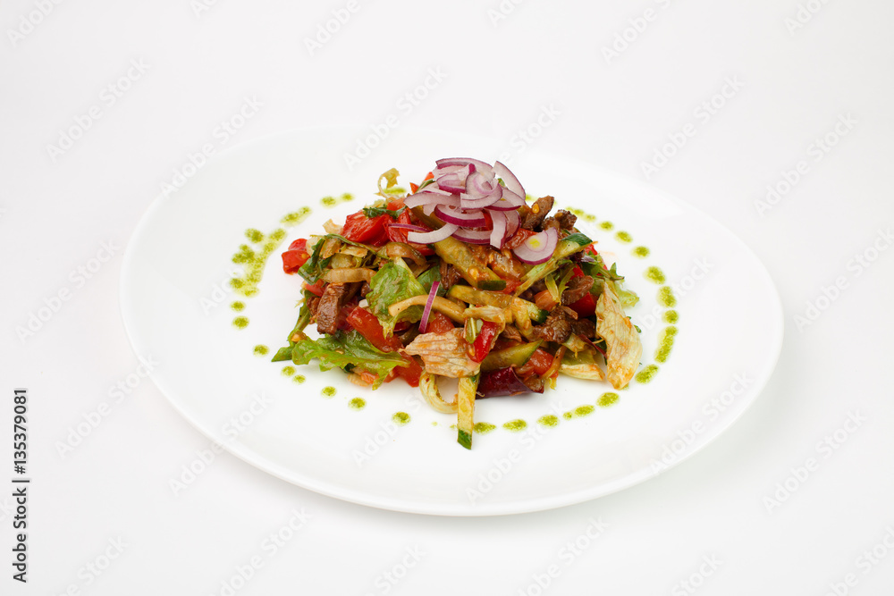 Beautiful meat salad on white background Beautiful meat salad on white background