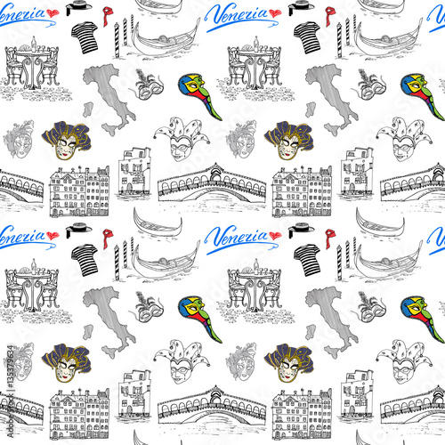Venice Italy seamless pattern. Hand drawn sketch with map of Italy, gondolas, gondolier clothes, carnival venetian masks, houses, market bridge, cafe table and chairs. Doodle drawing isolated on white