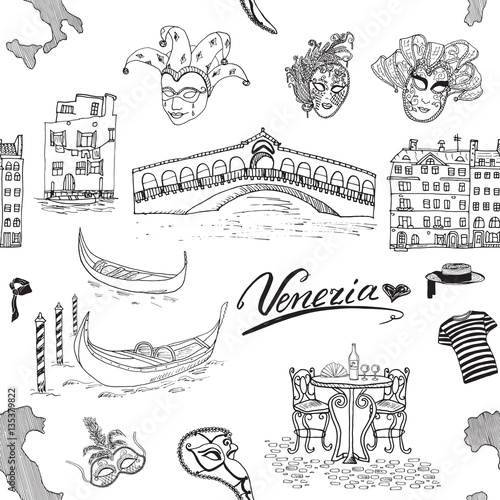 Venice Italy seamless pattern. Hand drawn sketch with map of Italy, gondolas, gondolier clothes, carnival venetian masks, houses, market bridge, cafe table and chairs. Doodle drawing isolated on white
