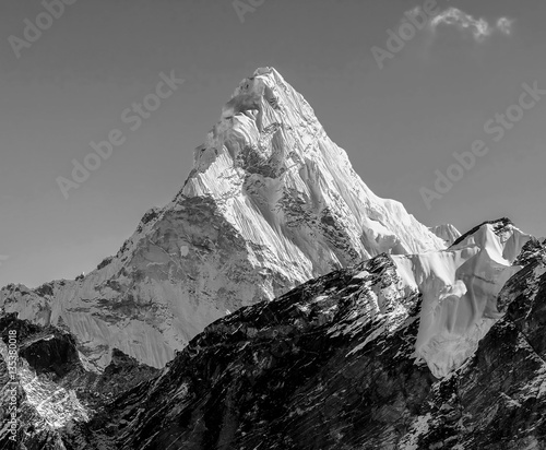 View of the Ama Dablam (6814 m) from Kala Patthar slope - Everest region, Nepal, Himalayas (black and white)