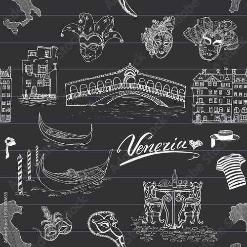 Venice Italy seamless pattern. Hand drawn sketch with map of Italy, gondolas, gondolier clothes, carnival venetian masks, houses, bridge, cafe table and chairs. Doodle drawing on chalkboard background