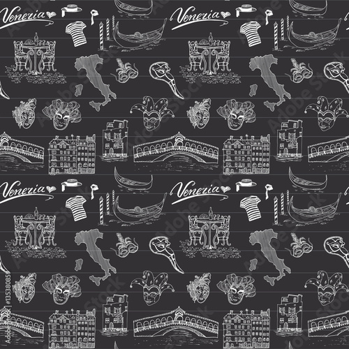 Venice Italy seamless pattern. Hand drawn sketch with map of Italy, gondolas, gondolier clothes, carnival venetian masks, houses, bridge, cafe table and chairs. Doodle drawing on chalkboard background