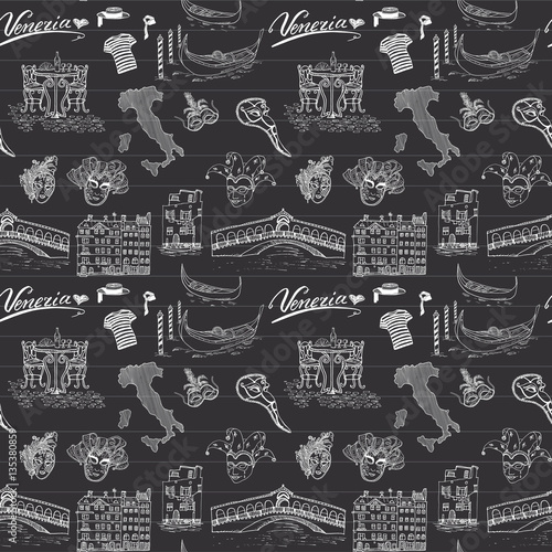Venice Italy seamless pattern. Hand drawn sketch with map of Italy, gondolas, gondolier clothes, carnival venetian masks, houses, bridge, cafe table and chairs. Doodle drawing on chalkboard background