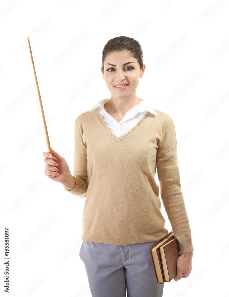 Young teacher with pointer on white background Young teacher with pointer on white background