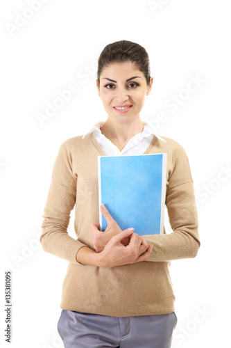 Young teacher with notebook...