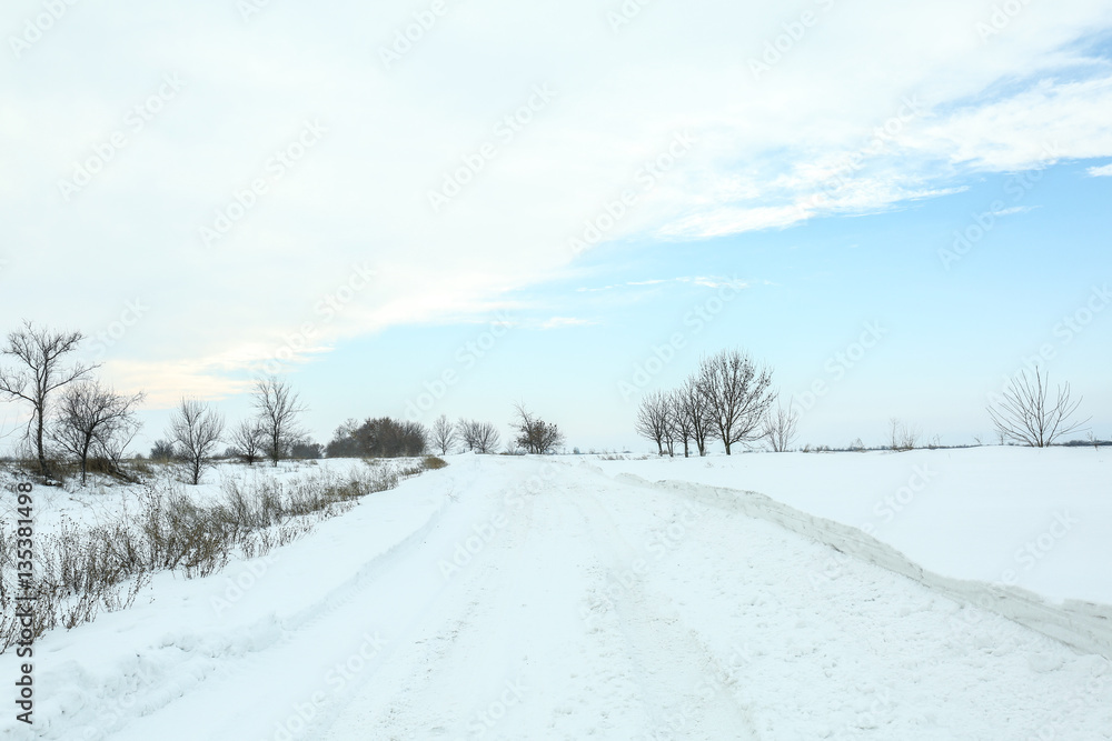 Country side empty road covered with snow Country side empty road covered with snow