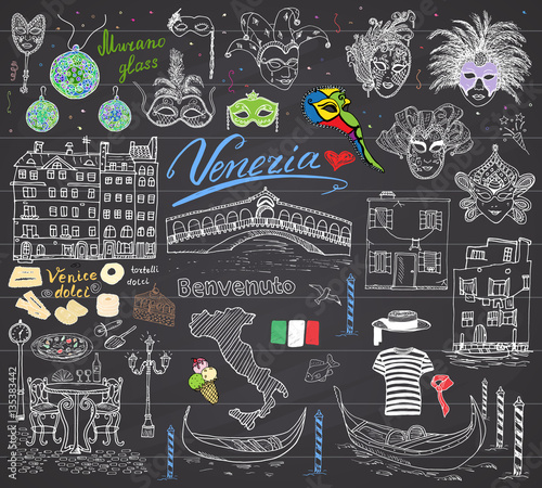 Venice Italy sketch elements. Hand drawn set with flag, map, gondolas gondolier clothe, houses, pizza, traditional sweets, carnival venetian masks, market bridge. Drawing doodles on chalkboard