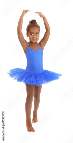 Cute African American ballerina on white background