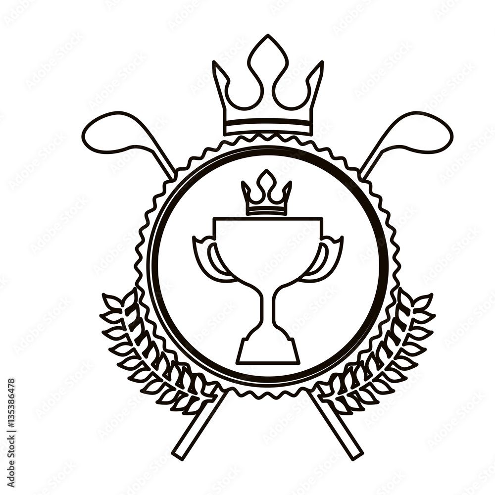 black silhouette with circular emblem with olive branchs with trophy cup and crown and golf sticks vector illustration black silhouette with circular emblem with olive branchs with trophy cup and crown and golf sticks vector illustration