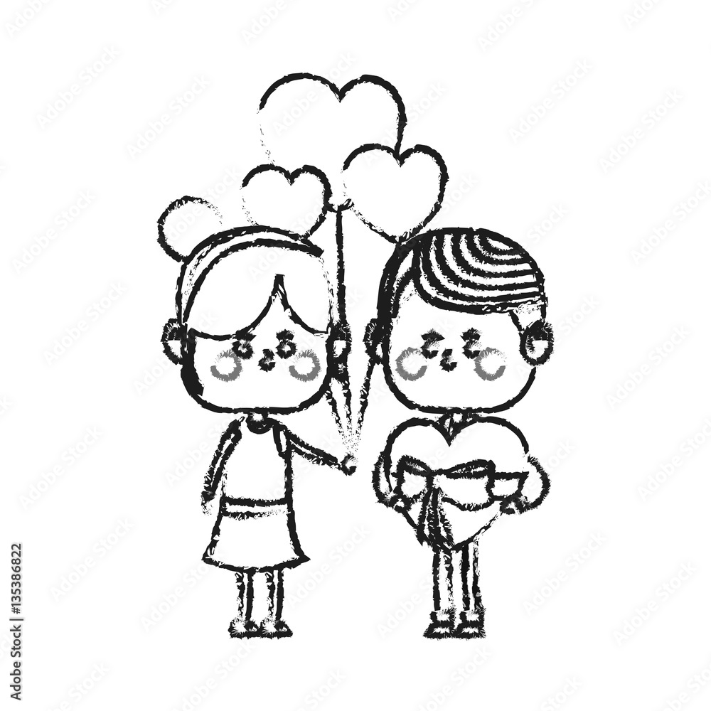 kawaii couple in love with heart balloons over white background. vector illustration kawaii couple in love with heart balloons over white background. vector illustration