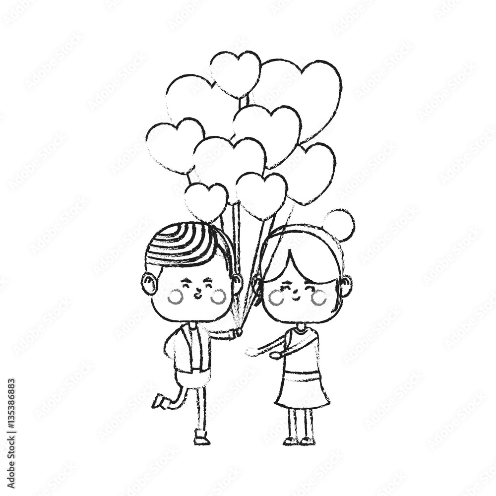 kawaii couple in love with heart balloons over white background. vector illustration kawaii couple in love with heart balloons over white background. vector illustration
