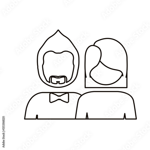 monochrome contour with half body couple without face she short hair and him with beard and bow tie vector illustration