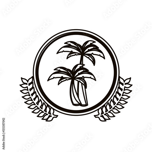 black contour circle with decorative olive branch and palm tree vector illustration
