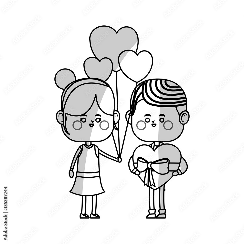 kawaii couple in love with heart balloons over white background. vector illustration kawaii couple in love with heart balloons over white background. vector illustration