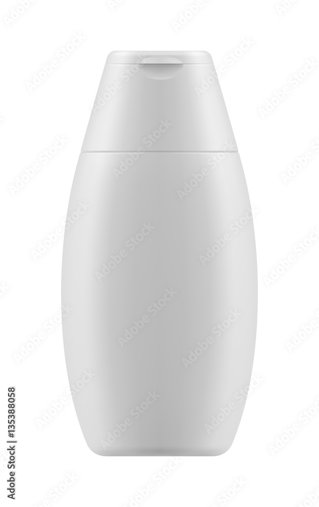 Empty and clean white bottle with cap for shampoo. Realistic 3d blank template plastic container for wash shower gel. Mock-up of package for cosmetic product. Vector illustration. Empty and clean white bottle with cap for shampoo. Realistic 3d blank template plastic container for wash shower gel. Mock-up of package for cosmetic product. Vector illustration.