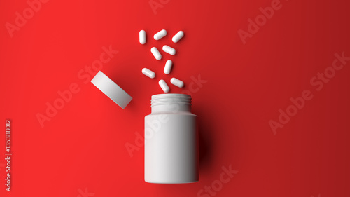Pill bottle on red background for use in presentations, education manuals, design, etc