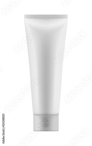 Vector blank template. Empty and clean tube with cap for cosmetic cream or body lotion. Realistic 3d white plastic container for care face and beauty skin or medical gel. Mock-up of package.