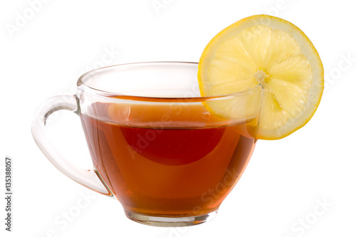 cup of tea with a slice lemon isolated on white background