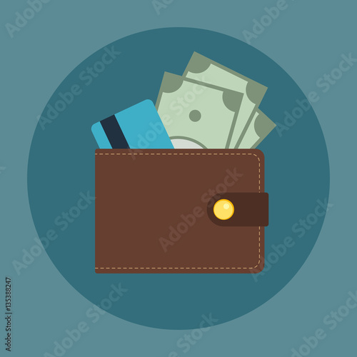 Brown leather wallet with some dollars and credit card in it. Flat business vector icon. Money symbol.

