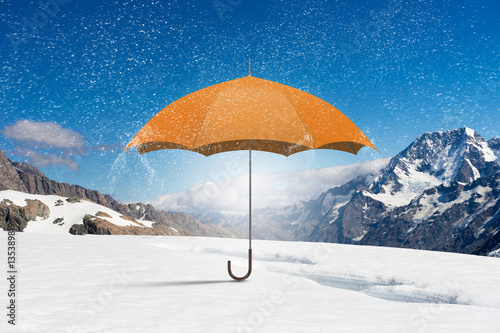 Orange umbrella and snow . Mixed media