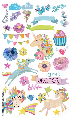Cute watercolor magic unicorn with flowers