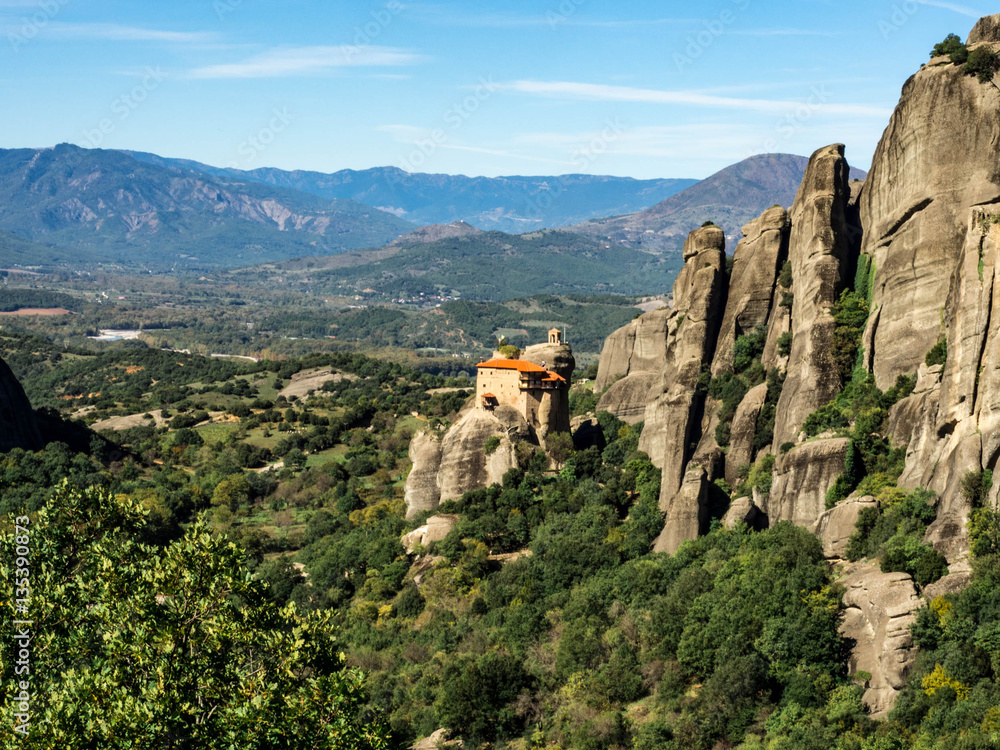 The Meteora is one of the largest and most precipitously built complexes of Eastern Orthodox monasteries. The six monasteries are built on natural conglomerate pillars. Greece, October, 2016.