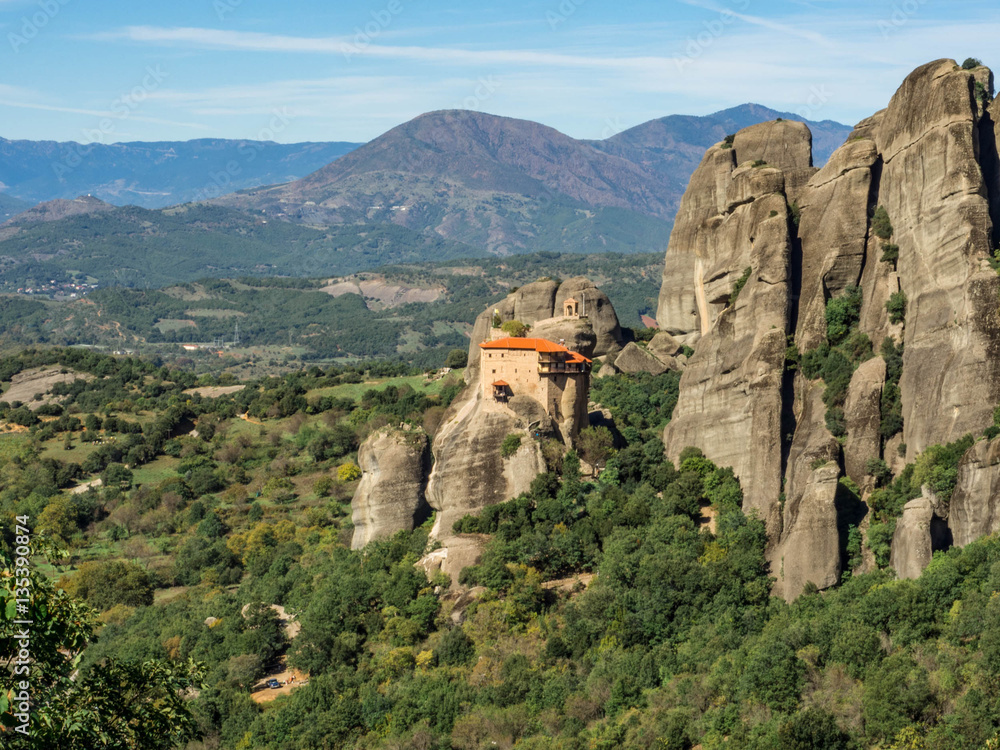 The Meteora is one of the largest and most precipitously built complexes of Eastern Orthodox monasteries. The six monasteries are built on natural conglomerate pillars. Greece, October, 2016.