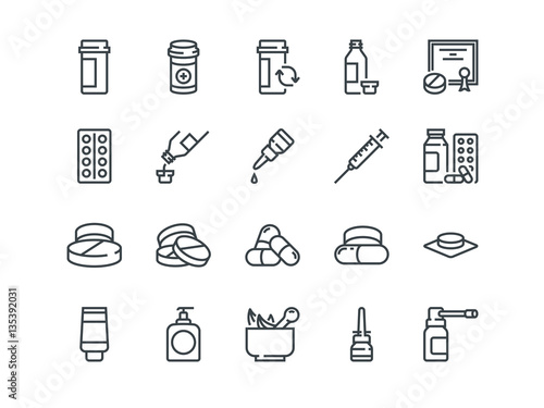 Pills. Set of outline vector icons. Includes such as Gel, Inhaler, Prescription, Syrup and other
