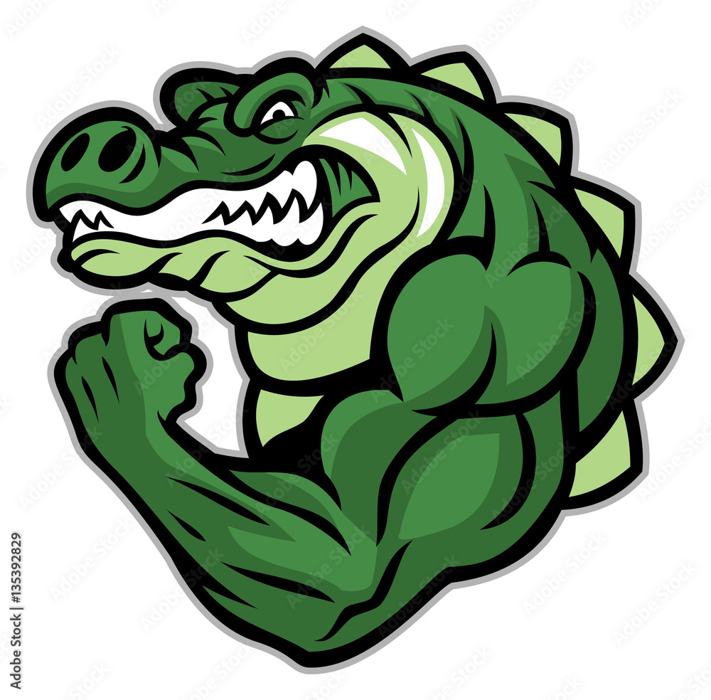 Naklejka premium maskotka krokodyla pokazuje jego mięsień ramię