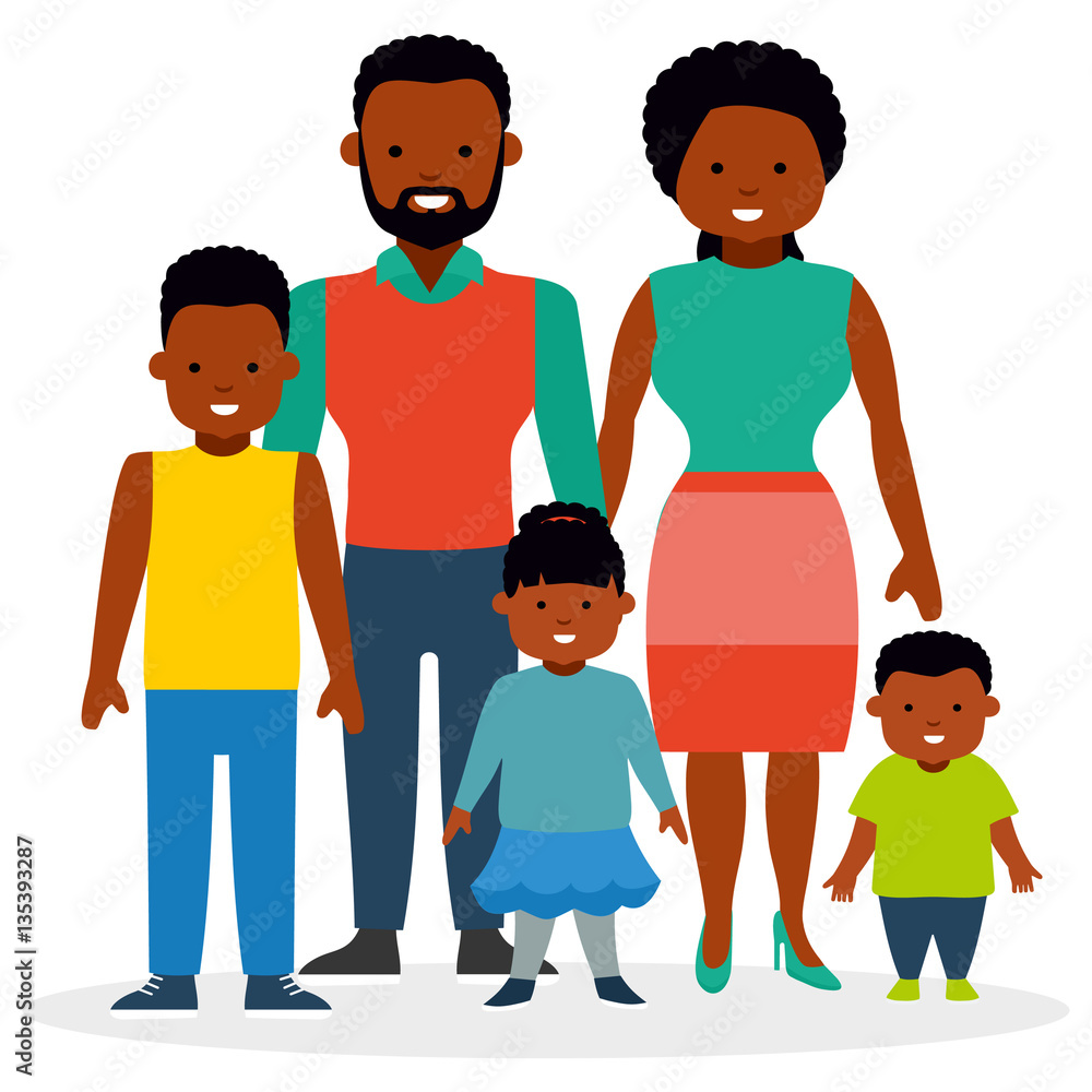 Fototapeta premium Szczęśliwa rodzina z dziećmi, córką i dwoma synami. Rodzina afroamerykańska. Afrykańscy ludzie etniczni. Białe tło. Ilustracja wektorowa płaski