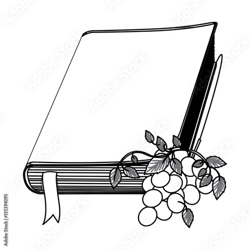 monochrome contour with holy bible with ribbon and grapes vector illustration