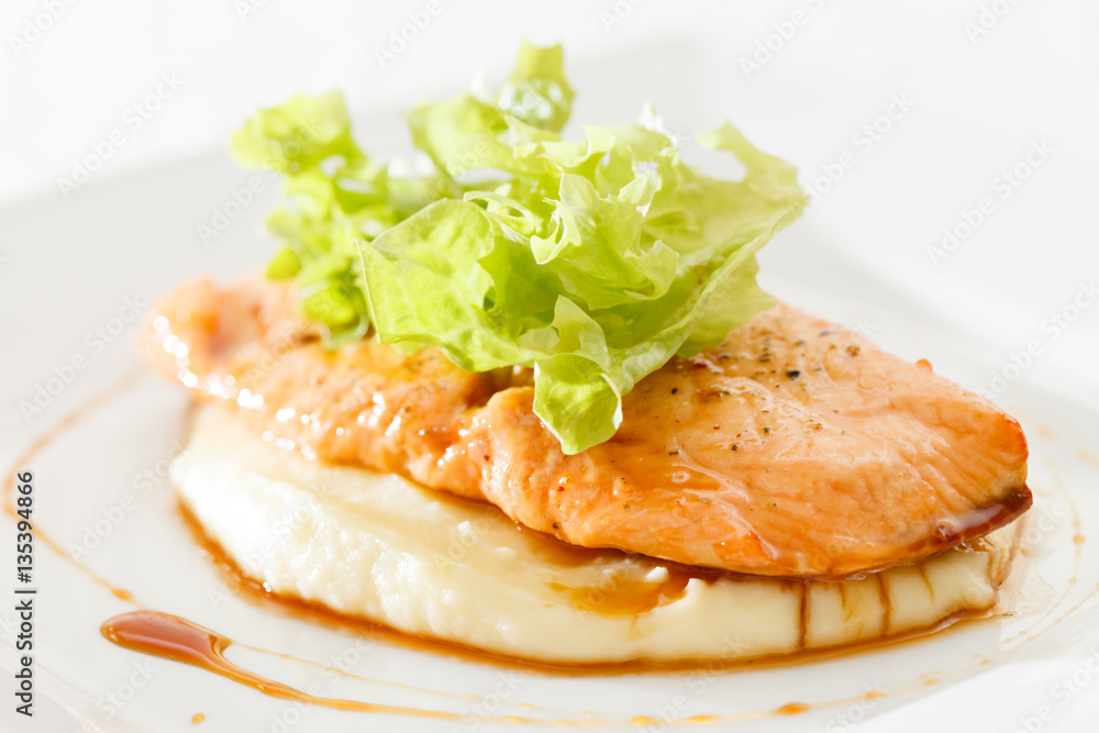 salmon steak with mashed potatoes