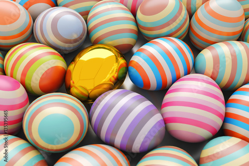Close-Up of striped and golden easter eggs. Illustration for holiday. 3d render.