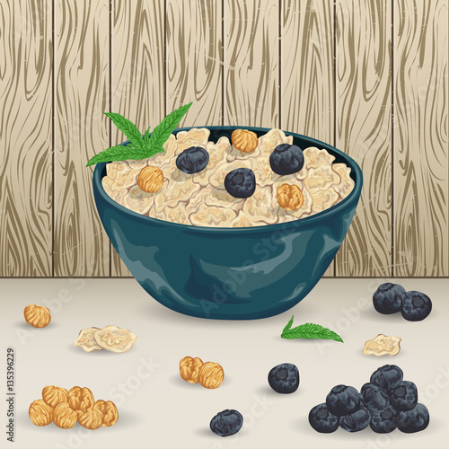 Cereal porridge in bowl with  blueberry, hazelnut and mint leaves on wooden background. Healthy breakfast. Isolated elements. Hand drawn vector illustration